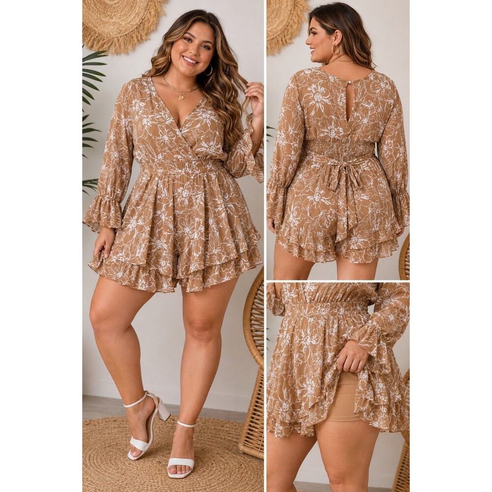 NWT Hint Of Blush Women 1X Floral Romper Boho Faux Wrap Ruffle Babydoll Flowy